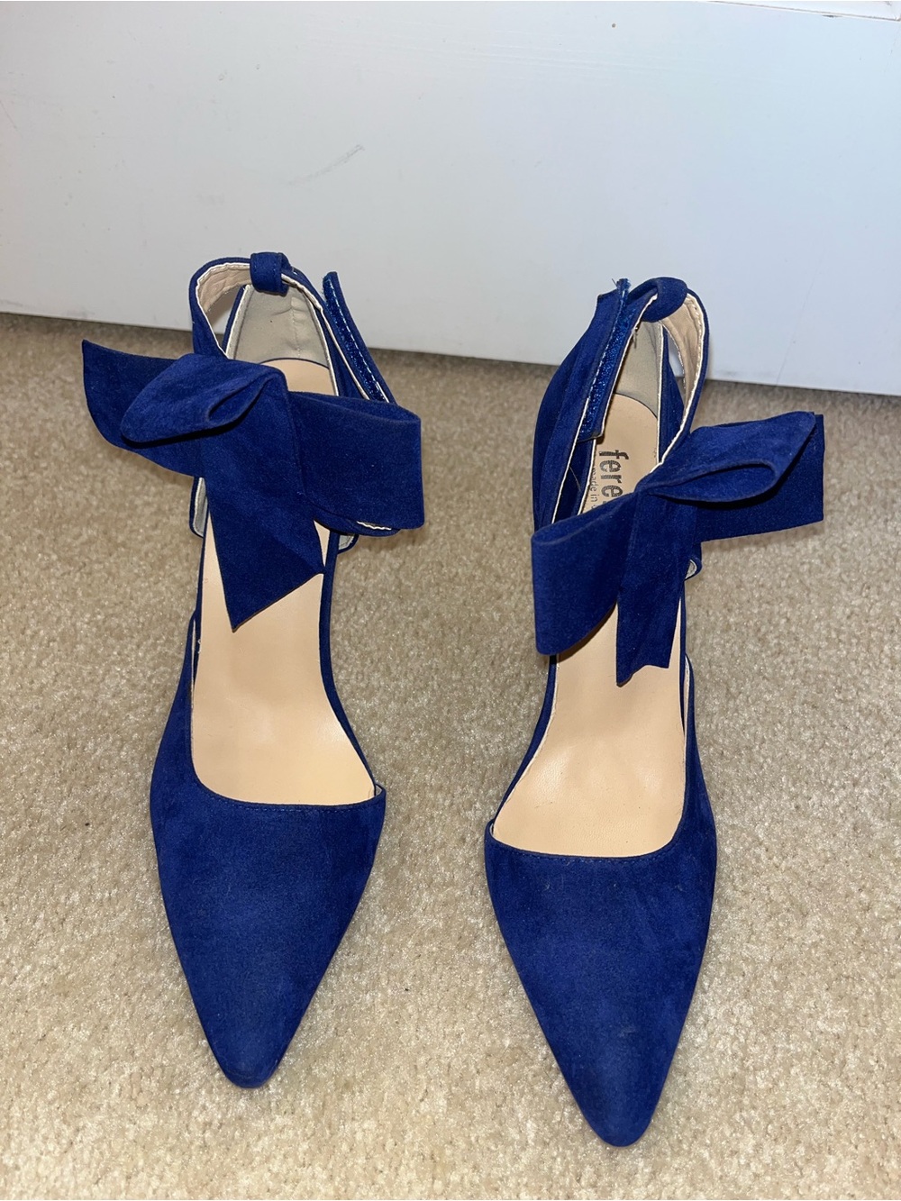 Women's Blue Suede Pointed Toe Bow Ankle Strap Heels